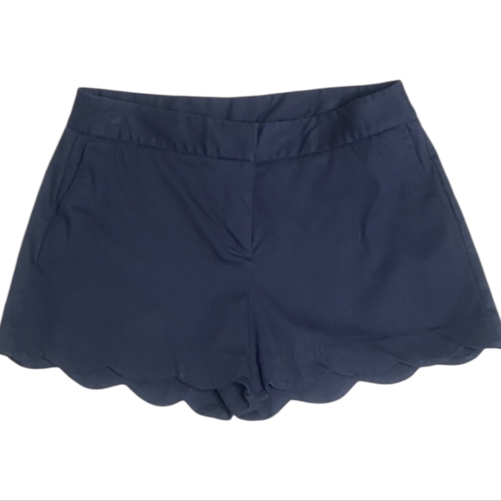 Attyre Navy Blue Scalloped Hem Flat Front Shorts